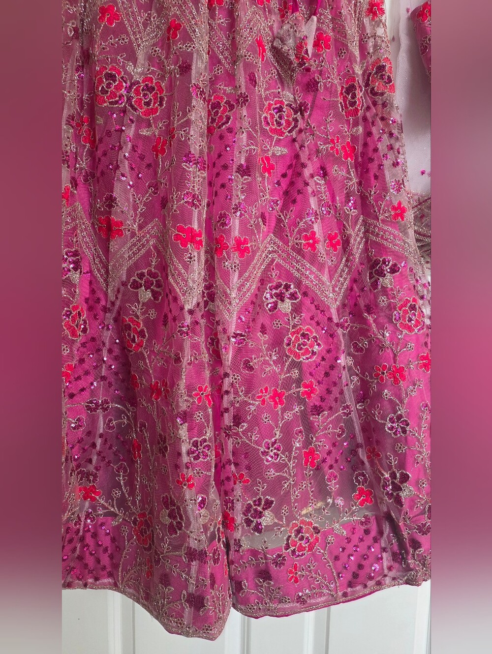 Rose Pink Net Sequins embroidered Flared Style Lehenga Choli - Size 6 - Picture 5 of 11
